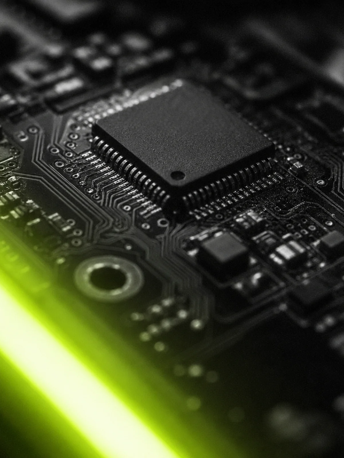 Ασπρόμαυρο ηλεκτρονικό κύκλωμα με lime neon φως
