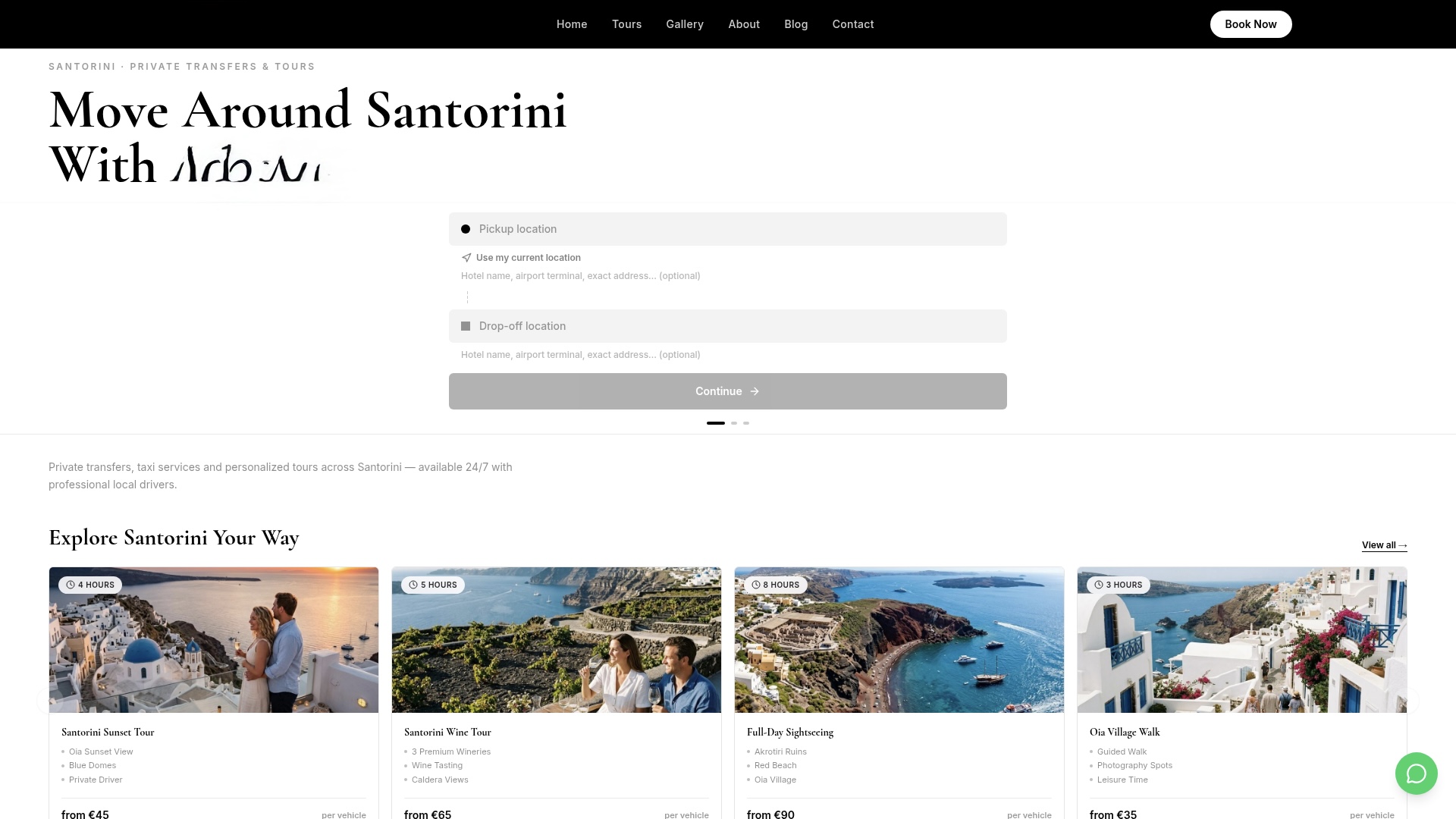 Website εταιρείας transfer & tours Σαντορίνη — homepage με σύστημα κρατήσεων