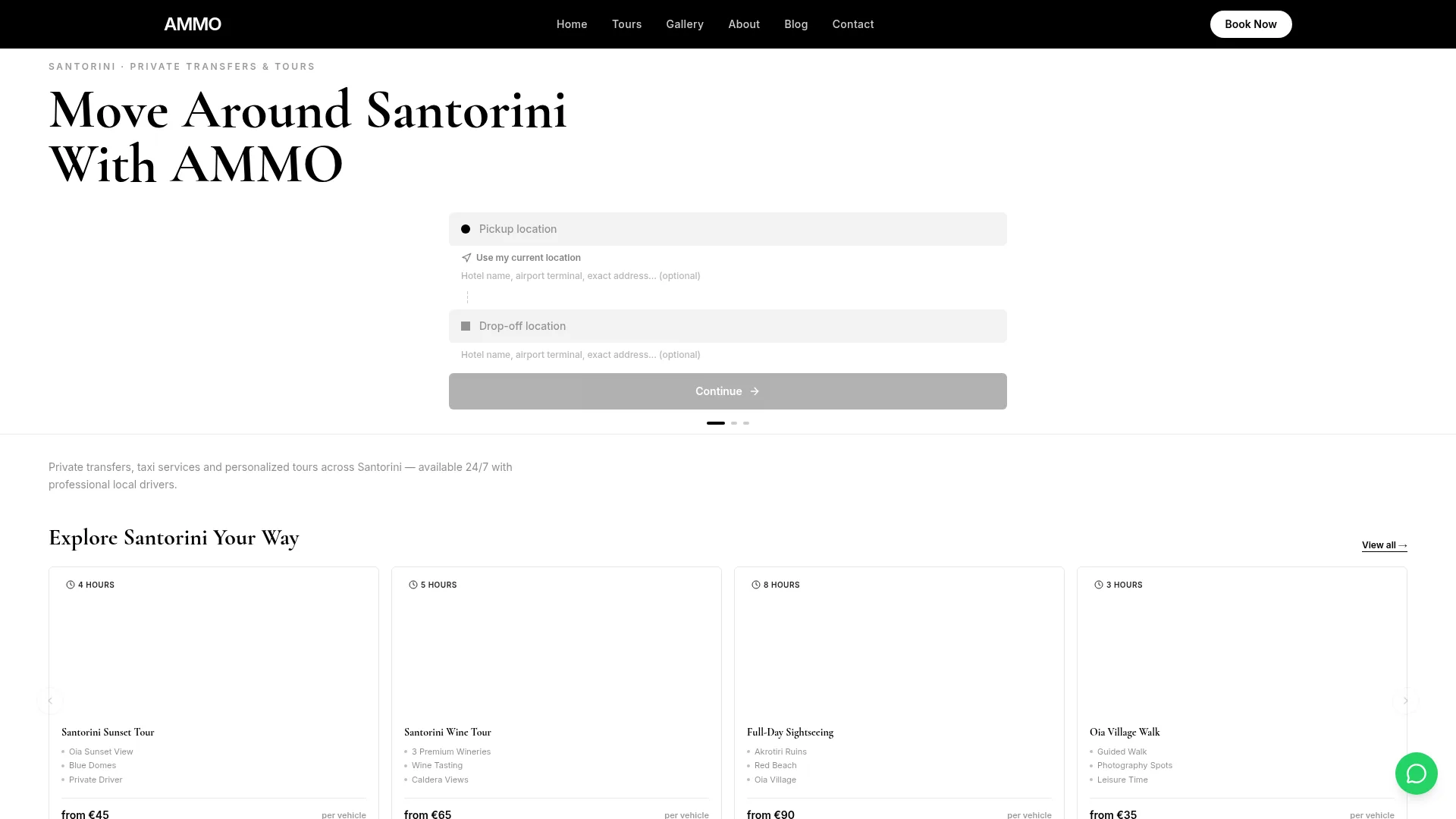Ιστοσελίδα AMMO Santorini Private Transfers & Tours — minimal λευκό design με booking widget