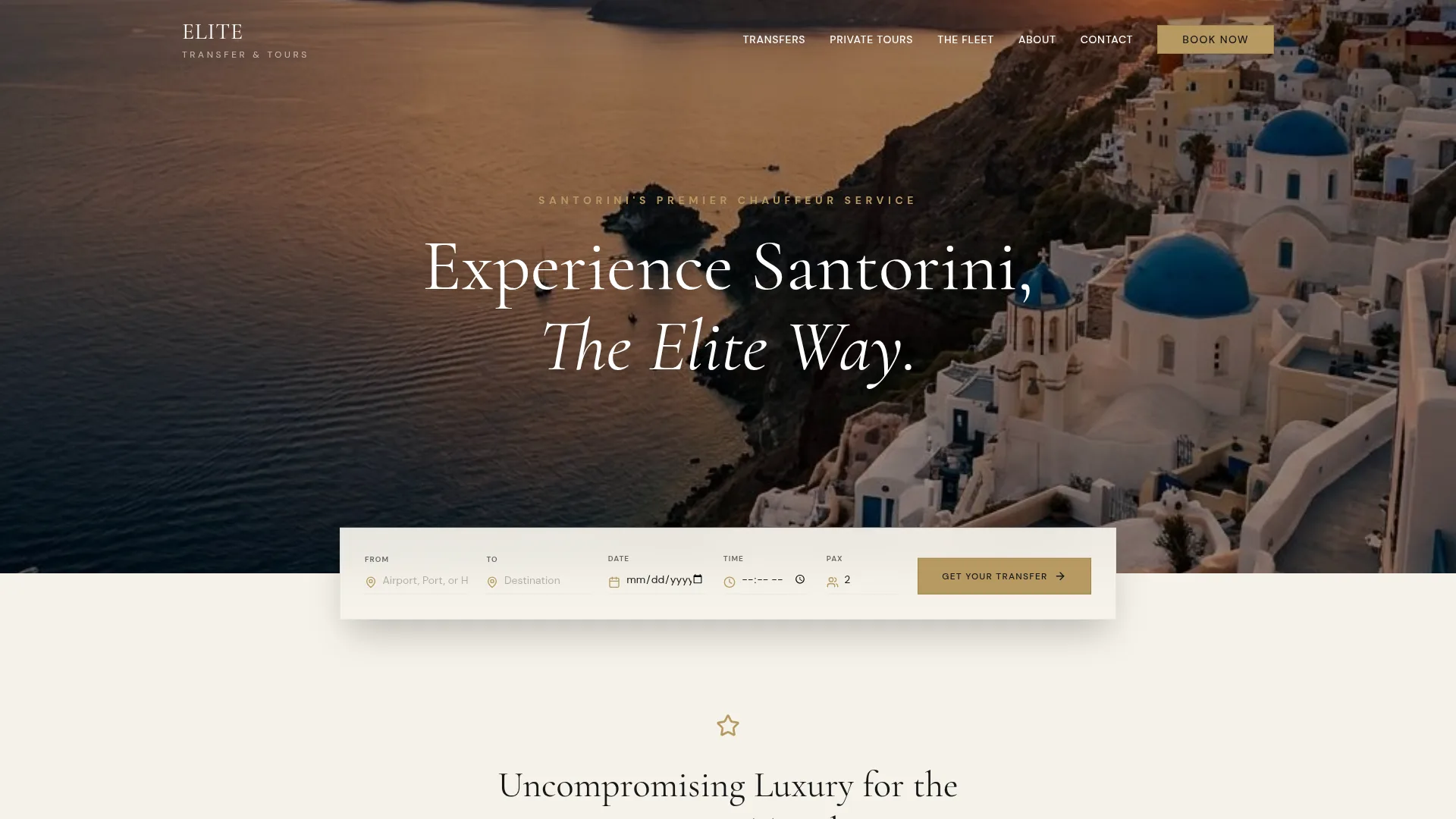 Ιστοσελίδα Elite Transfer & Tours Σαντορίνη — luxury dark design με Santorini sunset hero
