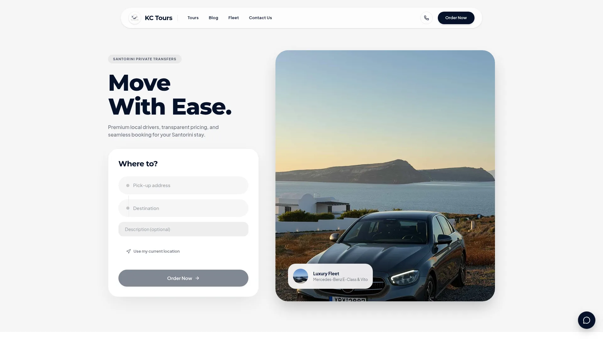 Ιστοσελίδα KC Tours Santorini Private Transfers — modern design με Mercedes-Benz fleet
