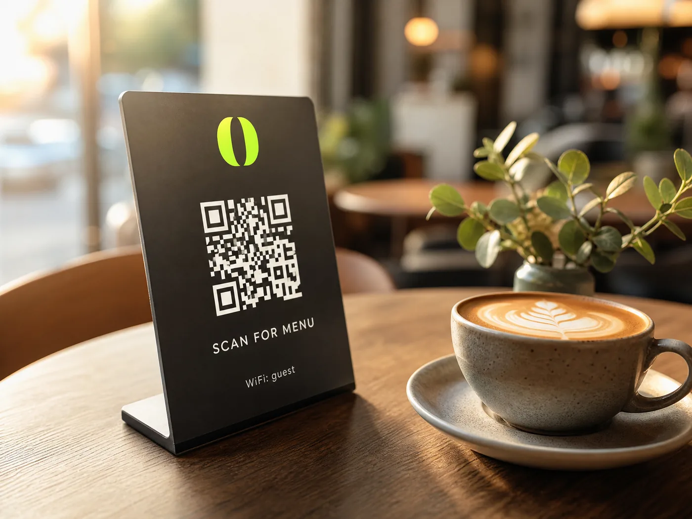 Τυπωμένο QR καρτάκι σε τραπέζι καφετέριας με το λογότυπο και τον κωδικό WiFi